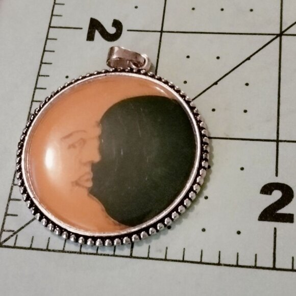 Crescent Moon Face Pendant Optical Illusion Round Metal Medallion - Picture 3 of 4